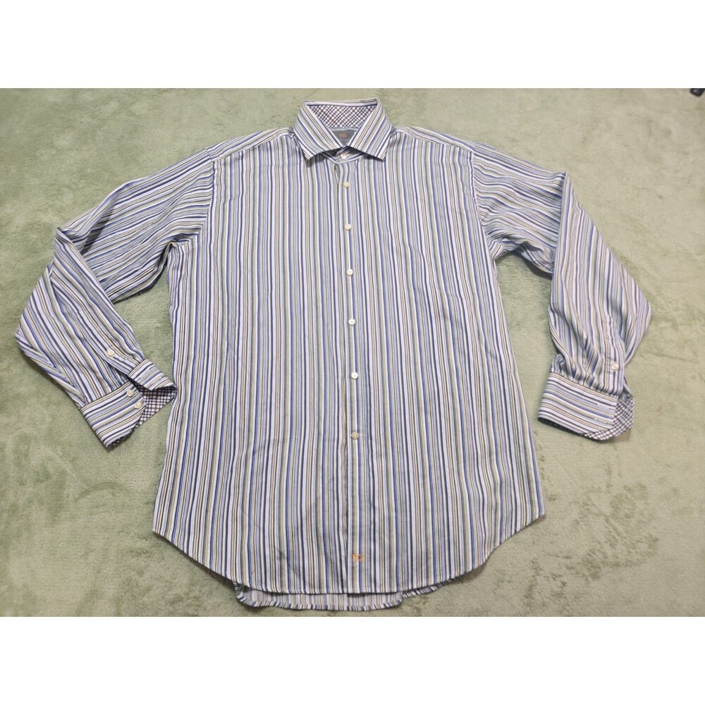 Thomas Dean Mens Dress Shirt XL Blue Striped 100% Pima Cotton Long Sleeve